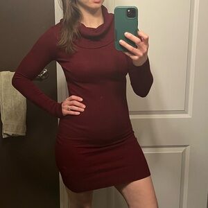 Deep Red, Knit, Cowl Neck Sweater Dress